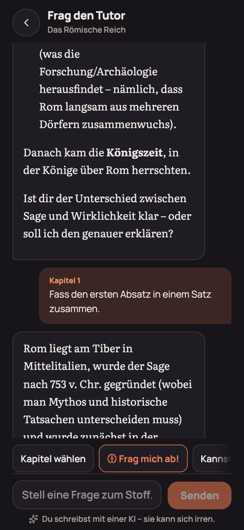 Tutor-Chat mit einer Antwort und Vorschlägen