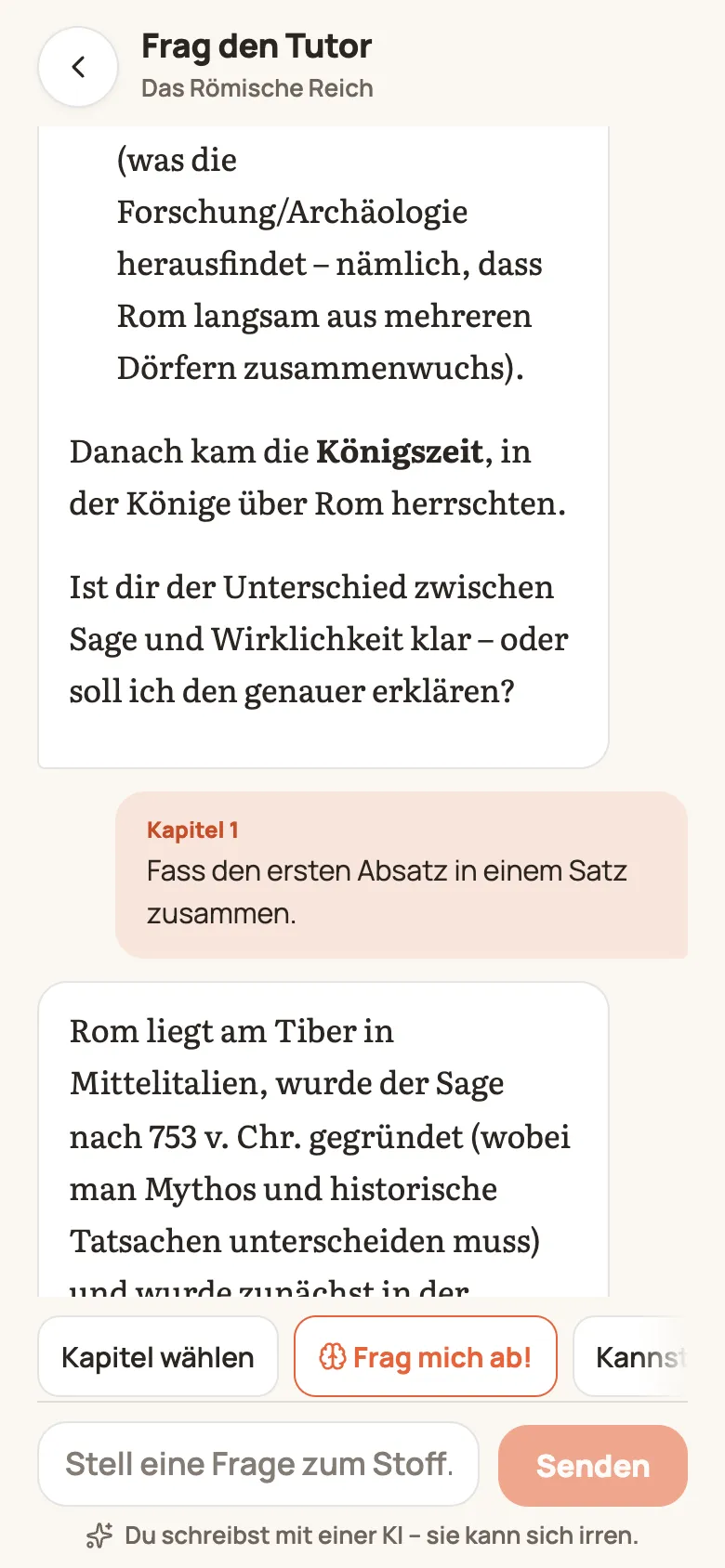 Tutor-Chat mit einer Antwort und Vorschlägen